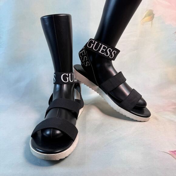 Guess Ankle Logo Black & White Chunky Ankle Strap Sandals - Picture 1 of 7